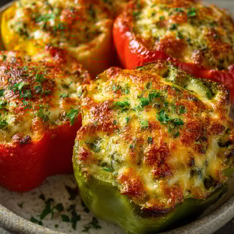 Baked zucchini and cheese stuffed bell peppers.