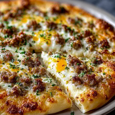 A slice of biscuits and sausage gravy breakfast pizza.