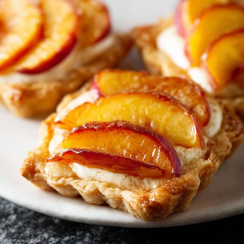 Peach and cream cheese mini tarts on a plate.