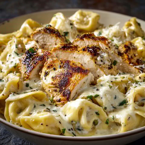 A bowl of pasta with chicken and cheese.