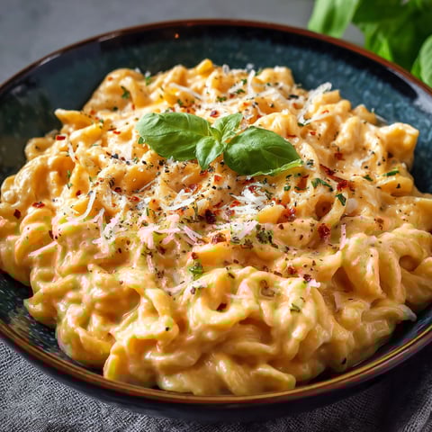 A bowl of pasta with cheese and spinach.