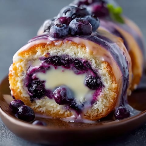 A blueberry cheesecake roll on a plate.