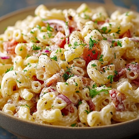 A bowl of macaroni salad with tomatoes, onions, and herbs.