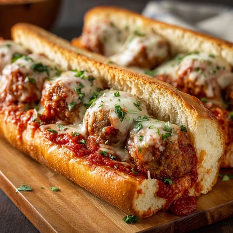 A meatball sub with sauce and cheese.