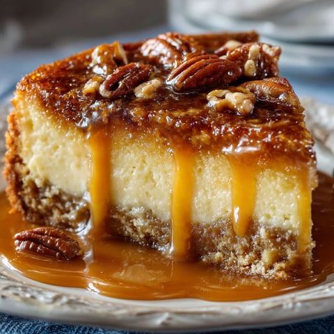 A slice of caramel pecan cake with a drizzle of caramel sauce.