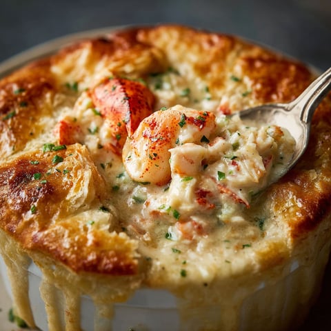 A lobster pot pie with a spoon in it.