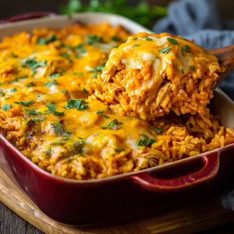 A close up of a delicious chicken enchilada rice casserole.