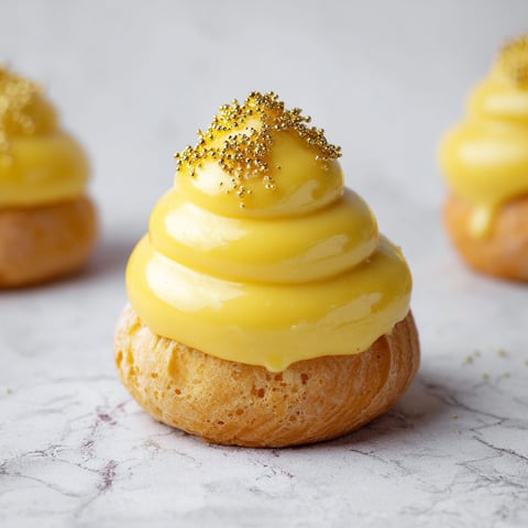 Three lemon cream puffs with gold sprinkles on top.