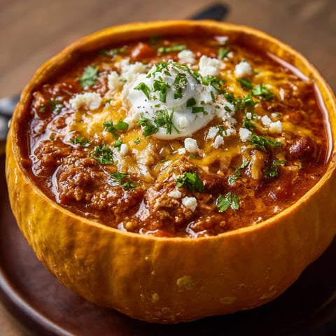 A bowl of chili with a pumpkin on top.