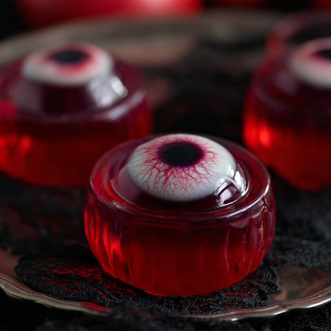 Three small jello shots with red jello and black eyes.