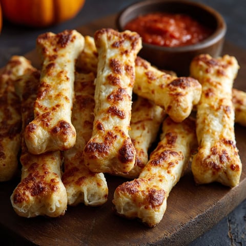 A plate of cheesy breadsticks shaped like bones.