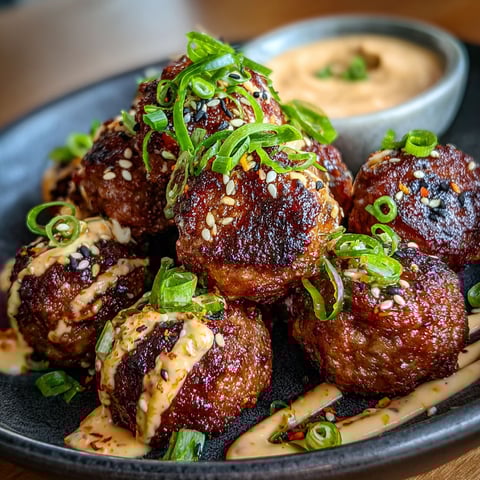 A plate of meatballs with spicy mayo dip.
