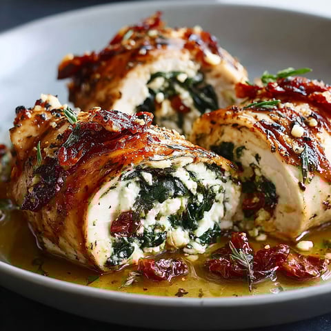 A plate of rolled up chicken with feta.