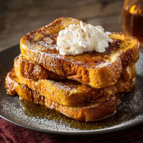 A stack of French toast with whipped cream and pumpkin seeds on top.