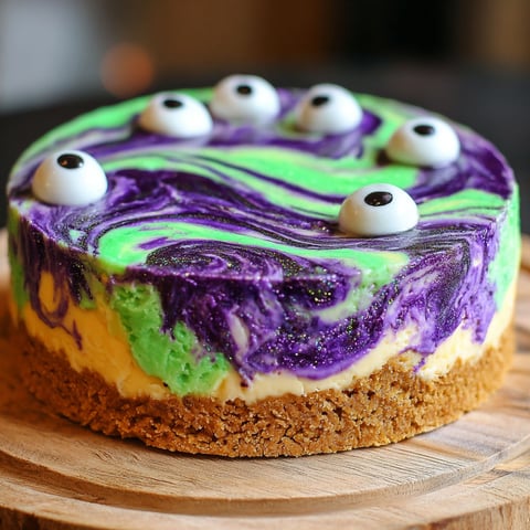 A slice of Witches Brew Swirl Cheesecake.