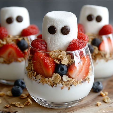 A ghostly yogurt parfait with berries and granola.