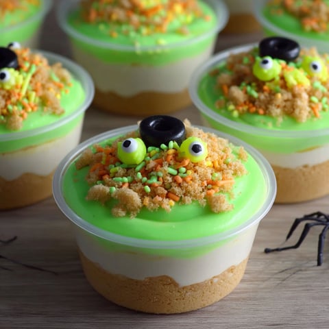 Halloween dessert cups with green frosting and orange sprinkles.