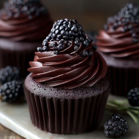 Two chocolate cupcakes with blackberry toppings.