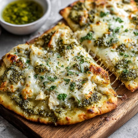 A pizza with chicken and pesto on a wooden board.