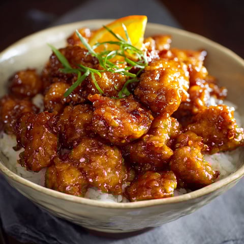 A bowl of orange chicken with rice.