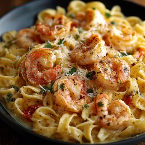 A bowl of creamy shrimp pasta.
