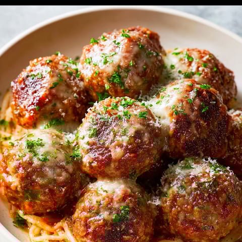 A bowl of meatballs with cheese and herbs.