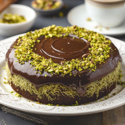 A chocolate cake with a green topping.