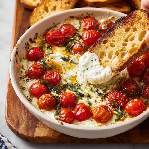 A person is scooping a Caprese dip.