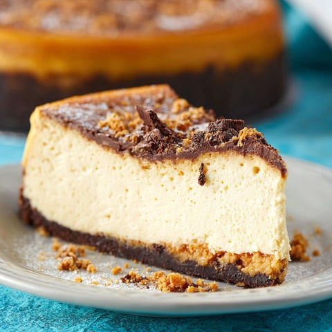 A slice of Butterfinger cheesecake on a plate.