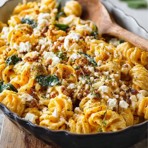 A bowl of pasta with feta cheese and pumpkin.