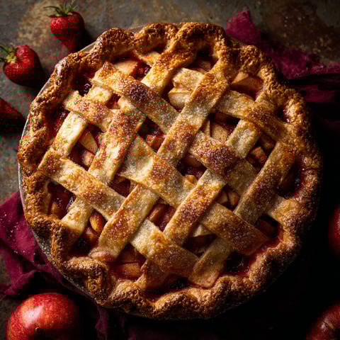 A slice of pie with a strawberry on top.