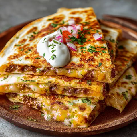 A stack of quesadillas with white cheese and tomatoes.