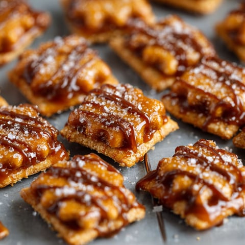 Salted caramel cracker bites on a tray.