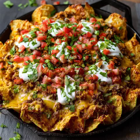 A delicious looking nacho dish in a black pan.