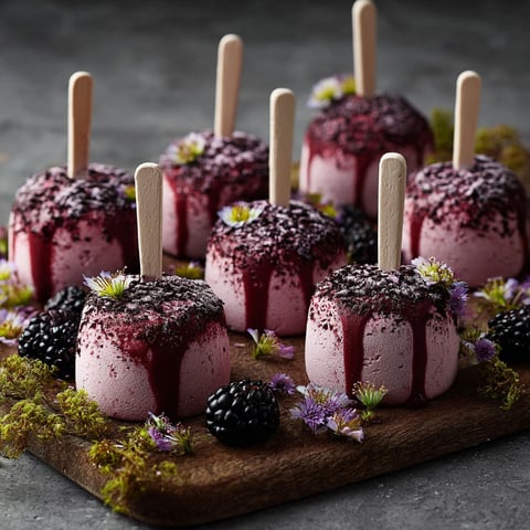 A plate of blackberry cheesecake pops with sticks in them.