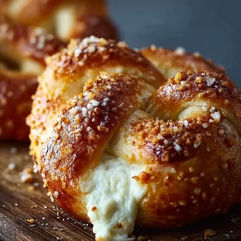 A close up of a cheese-stuffed pretzel.