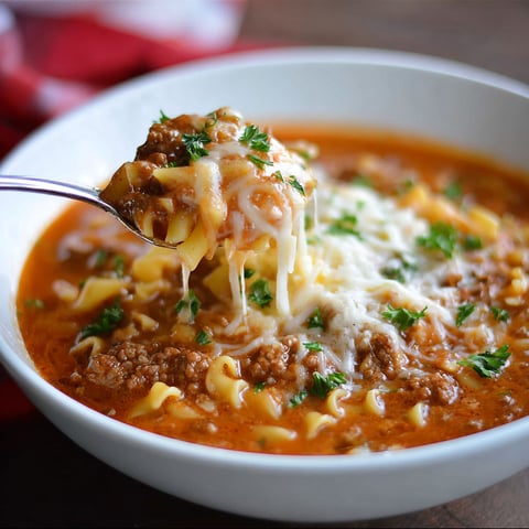 A bowl of lasagna soup with a spoon in it.