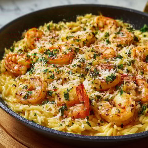 A pan of shrimp and pasta.