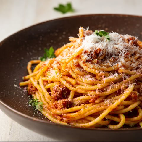 A plate of spaghetti with meat sauce.