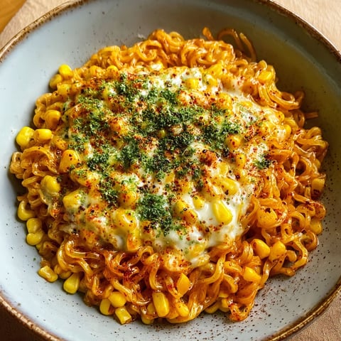 A bowl of spicy noodles with korean corn cheese.