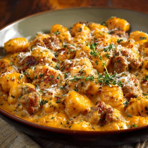 A bowl of creamy butternut squash gnocchi with sausage.