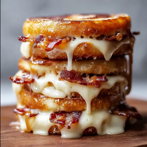 A stack of grilled cheese sandwiches with bacon and maple.