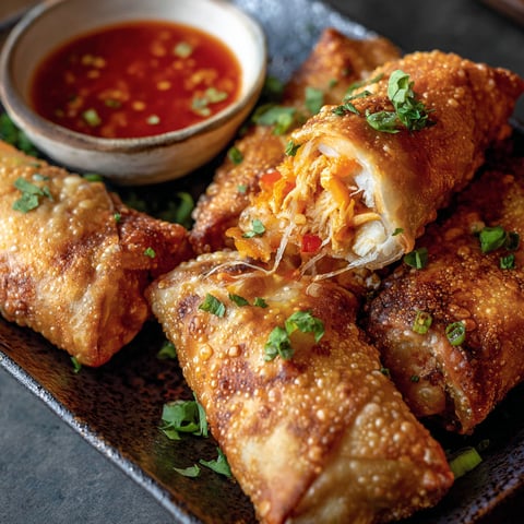 A plate of buffalo chicken egg rolls.
