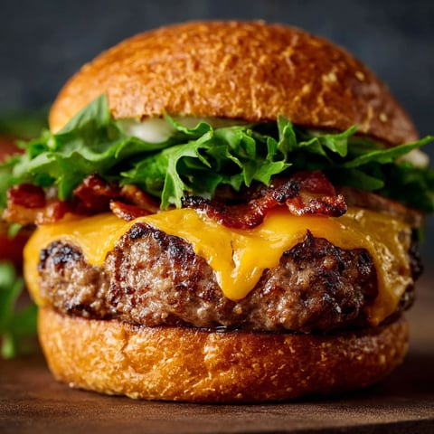 A burger with bacon and lettuce.