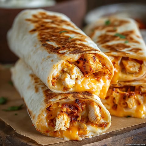 Two Crispy Air Fryer Hot Chicken And Cheese Wraps.
