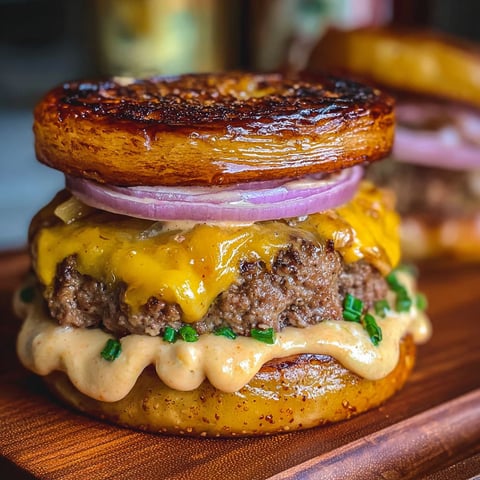A burger with onions and cheese.