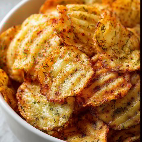 A bowl of spicy dill pickle chips.
