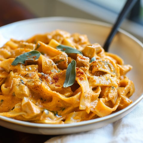 A bowl of pasta with a pumpkin sauce.
