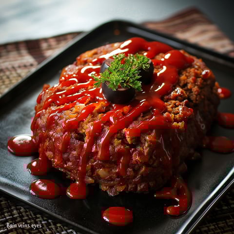 A plate of meatloaf with ketchup on it.