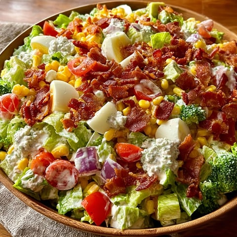A salad with bacon, corn, tomatoes, and lettuce.